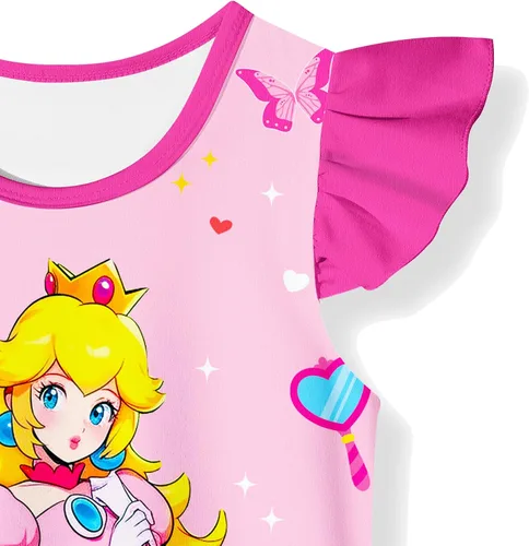 Vista 4 de RWAENN Disfraz de princesa melocotón para niñas, vestidos casuales de dibujos animados para niños, traje de verano, regalo de fiesta, de 3 a 8 años