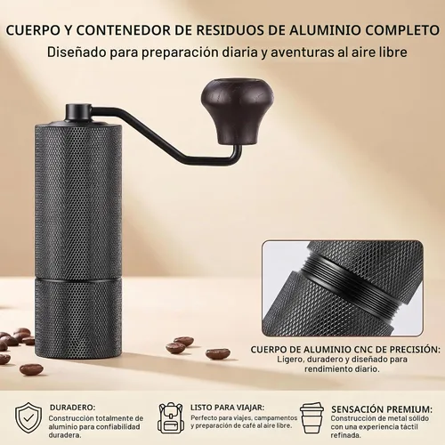 Vista 3 de Molinillo de café manual con rebaba cónica de acero inoxidable CNC, cuerpo de aluminio, mango de madera maciza, molinillo de mano ajustable portátil