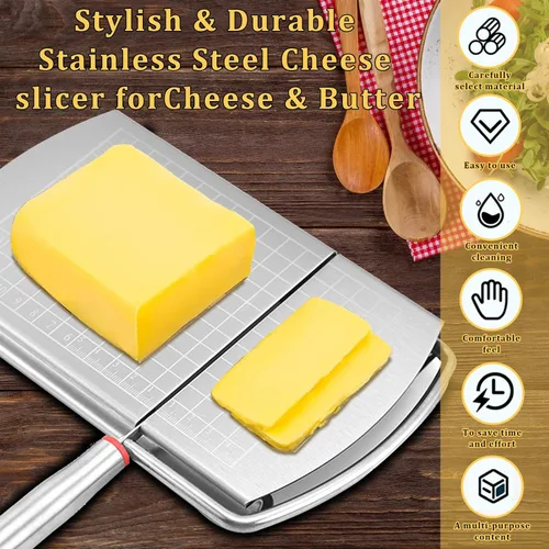 Vista 7 de Cortador de queso para bloque de queso, cortador multifuncional de acero inoxidable con cuchilla, tablero cortador de queso con escala