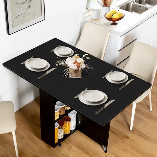 Vista 8 de Mesa de comedor plegable con cajón y estantes de almacenamiento, mesa de comedor plegable de 53" que ahorra espacio con 6 ruedas, mesa de hoja