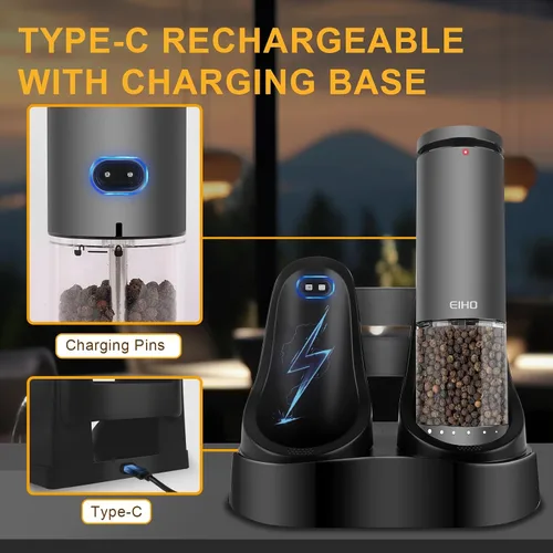 Vista 9 de Juego de Molinillo Eléctrico de Sal y Pimienta Recargable, Grosor Ajustable Externo, Molinos Automáticos de Saleros y Pimenteros, Accesorios
