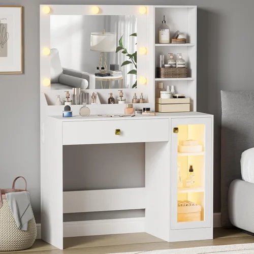 Vista 8 de BORNOON Escritorio pequeño con espejo y luces, escritorio de tocador de maquillaje con brillo ajustable, 3 modos de luz, armario de almacenamiento