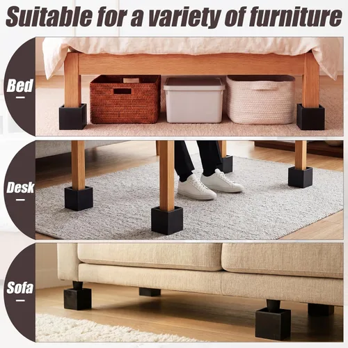 Vista 7 de Juego de 4 elevadores de muebles de cama de madera maciza de 4 pulgadas, elevadores de sofá cuadrados negros resistentes, bloques de madera marrón