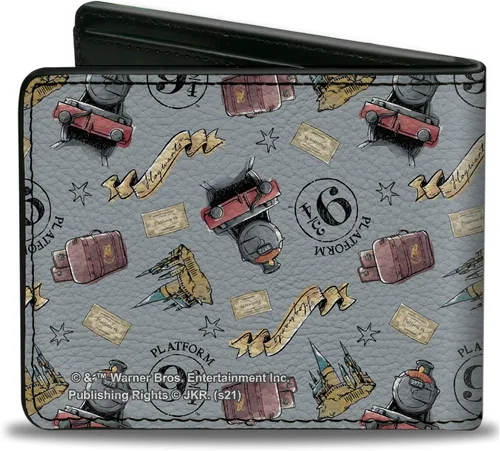 Vista 2 de Buckle-Down Billetera plegable para hombre Harry Potter, 4.0" x 3.5", Harry Potter Hogwarts Express iconos collage azul cielo