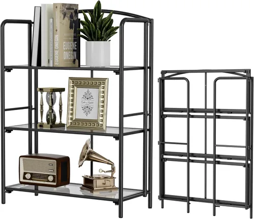 Vista 38 de Crofy - Estantería plegable sin montaje para sala de estar, estantería plegable de 2 niveles en color negro para oficina en casa, organizador