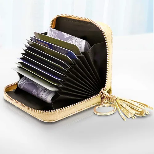 Vista 3 de Billetera pequeña para tarjetas de crédito RFID con purpurina linda para mujer