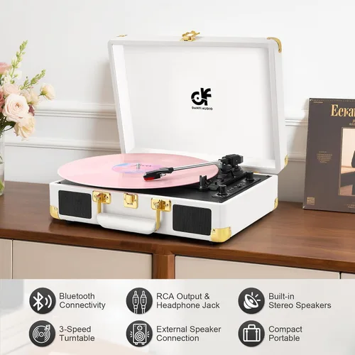 Vista 3 de Tocadiscos de vinilo Bluetooth, tocadiscos portátil vintage de 3 velocidades con 2 altavoces integrados, grabación USB, tocadiscos