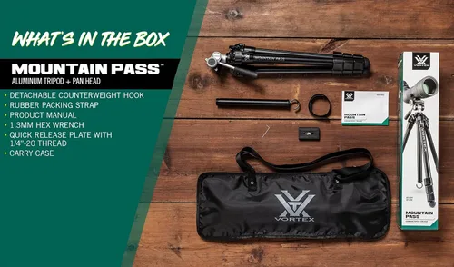 Vista 6 de Vortex Optics Mountain Pass - Kit de trípode - Cabezal panorámico de 2 vías, carga máxima de 22 lb, montaje de cabezal Arca-Swiss - Garantía