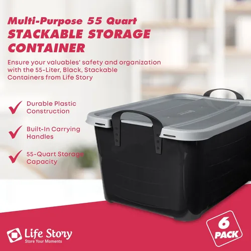 Vista 2 de Life Story - Paquete de 6 contenedores apilables resistentes para almacenamiento de 55 cuartos, organizador para el hogar, contenedores versátiles