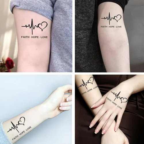 Vista 3 de 6 hojas de tatuajes temporales de fe esperanza amor en cruz corazón tatuajes falsos temporales palabras tatuaje para mujeres niñas cuello tatuajes
