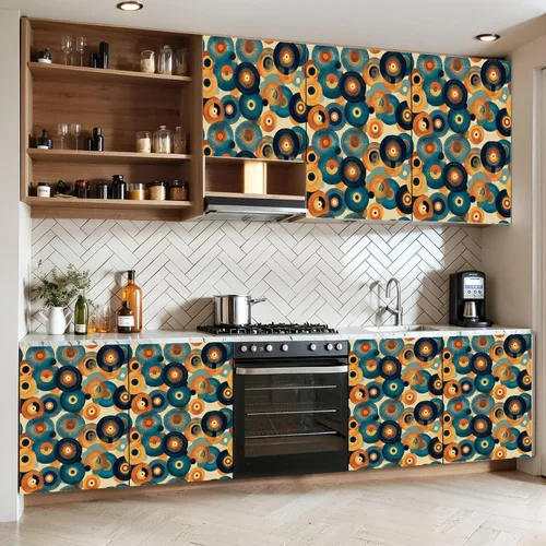 Vista 4 de Papel tapiz autoadhesivo para despegar y pegar, para encimera, discos de vinilo retro abstractos, tonos cálidos, diseño circular, autoadhesivo