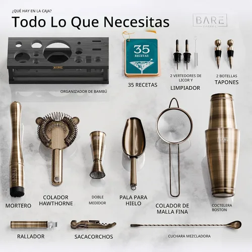 Vista 4 de BARE BARREL® Kit de Barman para Mixología Juego de Herramientas de Bar Juego de Coctelera de 16 Piezas Utensilios de Mezcla de Martini