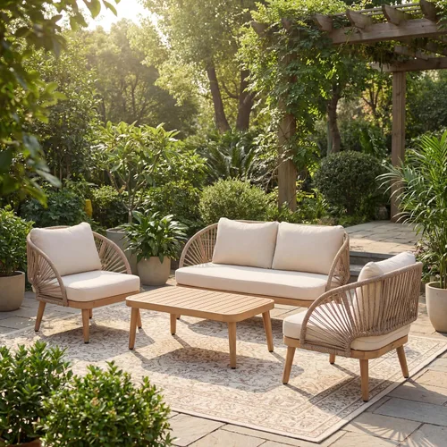 Vista 12 de Juego de muebles de patio al aire libre de madera de acacia de 4 piezas, juego de conversación para todo tipo de clima con sofá biplaza, 2 sillas