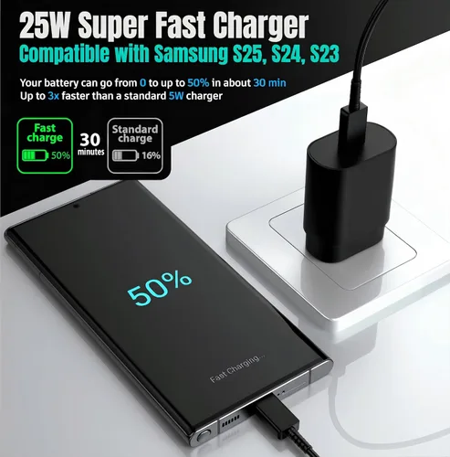 Vista 3 de Galaxy S25 S24 - Bloque de carga USB C de 25 W PD cargador súper rápido con cable tipo C, adaptador de enchufe de pared de 6 pies, carga rápida