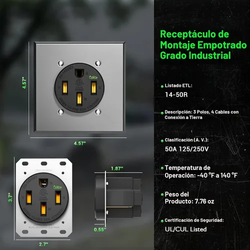 Vista 7 de Receptáculo de carga EV de 50 amperios/salida Nema 14-50 EV con placa de pared: dispositivo de hoja recta resistente, 2.42 "de diámetro, abrazadera
