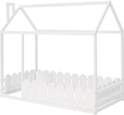 Vista 4 de Harper & Bright Designs Camas de casa para niños, cama de piso individual con valla de madera, marco de cama de cabaña que se puede decorar