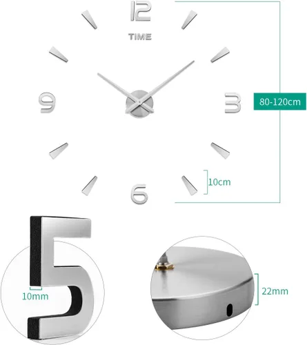 Vista 2 de AILILIFE Reloj de pared 3D DIY con adhesivo para decoración de espejo, sin marco, kit de reloj de pared grande para el hogar, sala de estar Plateado