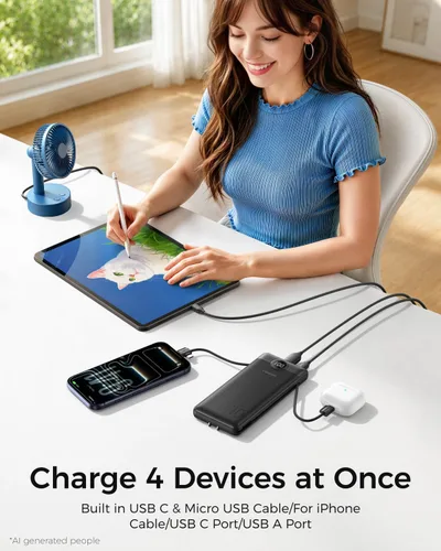Vista 3 de VEGER Cargador portátil para iPhone con cables integrados y enchufe de pared, batería externa de carga rápida de 10,000 mAh delgada con USB C