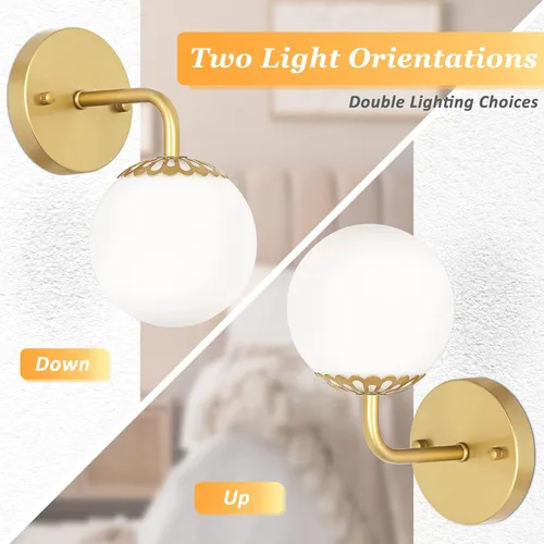 Vista 5 de Moderno juego de dos apliques de pared dorados, lámpara de pared de mediados de siglo, aplique de latón con vidrio de globo blanco, accesorios