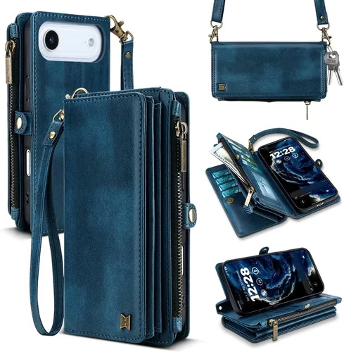 Vista 22 de Funda tipo cartera para iPhone 16 Pro Max con 8 tarjeteros, bloqueo RFID, piel sintética, función atril, abatible, correa de muñeca y correa