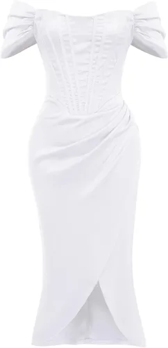 Vista 3 de Vestido de satén con hombros descubiertos para mujer, sin tirantes, espalda descubierta, abertura alta, entallado, fruncido, vestido de fiesta