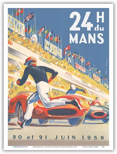 Vista 9 de 1959 Grand Prix - 24 horas de Le Mans Francia - Carreras de resistencia - Póster de carreras de coches vintage por Michel Bélignod c.1959