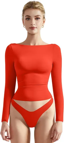 Vista 7 de SUUKSESS Camiseta de mujer con cuello redondo, manga larga, doblemente forrada, ajustada y corta