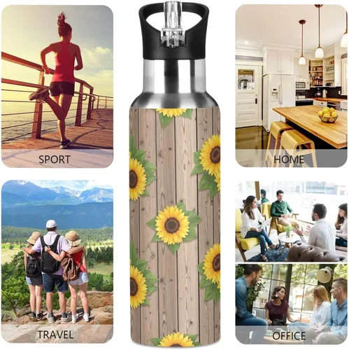 Vista 5 de BPA-Free Sport Water Bottle Insulated 32 Oz, Stainless Steel Vacuum Insulated Water Bottle for Gym Outdoor Travel School, Sunflowers Rustic Wooden