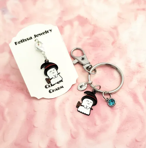 Vista 9 de Happy Ghost Witch Zipper Pull or Keychain Keyring in Black & White Enamel with Black Base