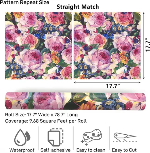 Vista 9 de VaryPaper Papel tapiz vintage floral oscuro de 17.7 x 78.7 pulgadas, diseño de peonía de acuarela, papel tapiz de flores para despegar y pegar