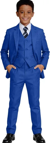 Vista 5 de Visaccy Traje formal para niños, traje de esmoquin ajustado para niños Traje negro corbata azul cuadros (4 piezas)