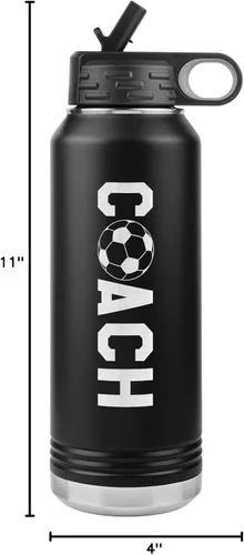 Vista 2 de Botella de agua de entrenador de fútbol, 32 onzas, con tapa abatible de acero inoxidable grabada, con pajita, regalo de entrenador de fútbol