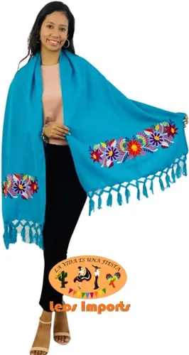 Vista 2 de Leos Imports Chal Rebozo Mexicano Chiapas con Bordado de Flores