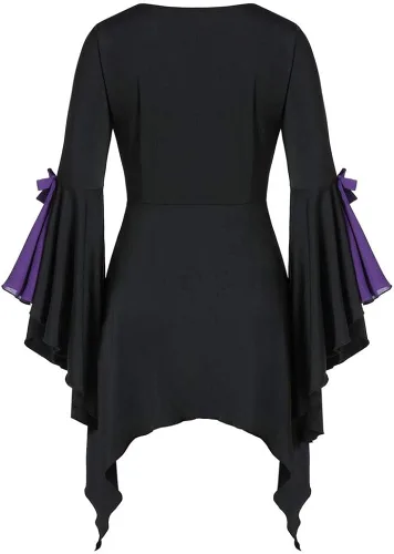 Vista 2 de LOKODO Disfraz gótico de Halloween para mujer talla grande blusa de manga larga con lentejuelas con cordones túnica vestido de baile