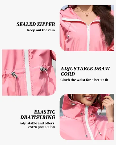 Vista 5 de Century Star Chubasqueros ligeros para mujer, chaqueta rompevientos impermeable para mujer, abrigo impermeable plegable con capucha