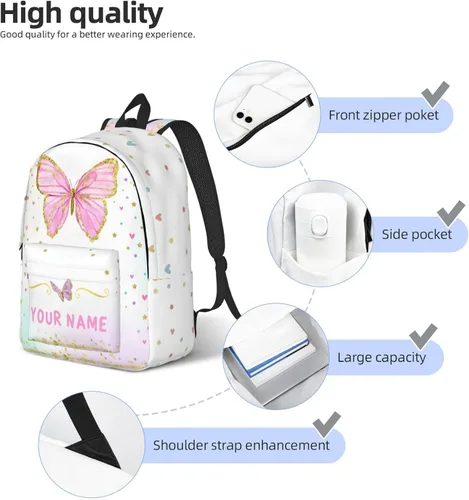 Vista 5 de Mochila personalizada para niñas y niños, mochilas personalizadas con nombre para niños, mochila escolar personalizada para viajes, Mariposa