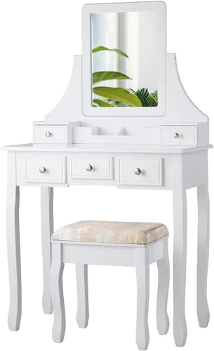 Vista 8 de CHARMAID Juego de tocador de maquillaje con espejo y taburete acolchado, tocador con 5 cajones y organizadores de almacenamiento extraíbles, mesa
