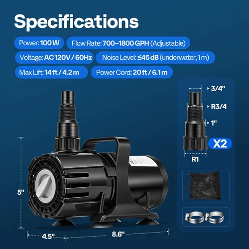 Vista 7 de VIVOHOME - Bomba de agua sumergible de flujo ajustable de 100 W, 700-1800 GPH Stepless Flow Control, 14ft Max Lift, 180° Seamless Adjustable