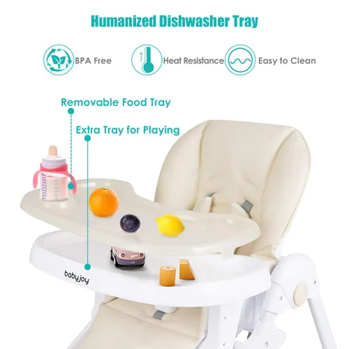 Vista 3 de BABY JOY Silla alta convertible para bebés y niños pequeños, altura ajustable, silla alta Grow & Go con reclinable y reposapiés, bandeja doble Beige