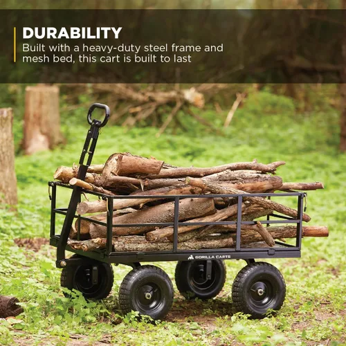Vista 4 de Carro utilitario Gorilla Carts resistente de acero con lados desmontables y neumáticos de 13 pulgadas con capacidad de 1200 lb, Negro