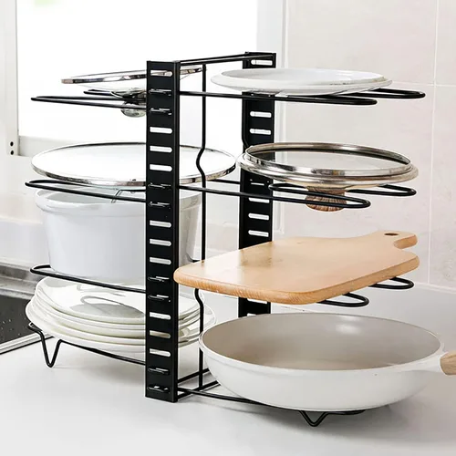 Vista 8 de Organizador ajustable para ollas y sartenes para armario de cocina, 8 niveles, organizador de ollas y sartenes, soporte de tapa expandible