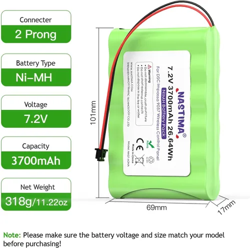 Vista 5 de NASTIMA NIMH Reemplazo de batería para ADT DSC IMPASSA 9057 SCW9055 SCW9057 BH7236-SS 17000145 17000152 Sistema de seguridad inalámbrica