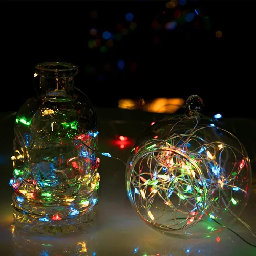 Vista 3 de Luces de cadena para exteriores de 33 pies con 100 LED, paquete de 2 luces de hadas que funcionan con baterías con control remoto, luces Multicolor