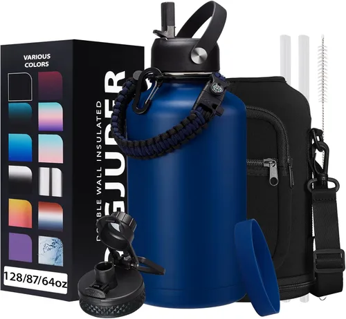 Vista 18 de Botella de agua aislada de 1 galón, con popote y tapa de pico automático, mango de paracord, funda para botella, botella de agua de acero inoxidable