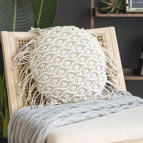 Vista 12 de Phantoscope Almohada Decorativa de Algodón Macramé Hecha a Mano Simétrica 3D Tejida a Crochet Estilo Boho Almohada de Granja con Relleno Incluido