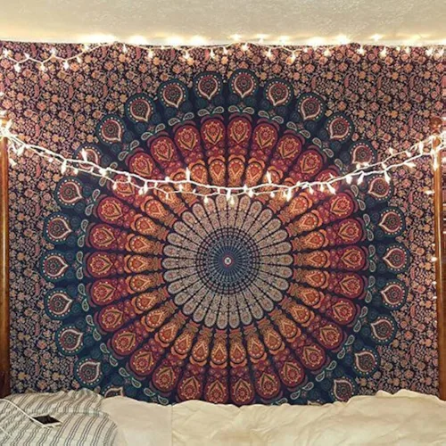 Vista 35 de Tapiz hippie indio bohemio psicodélico dorado azul pavo real mandala colgante en la pared (negro blanco, Queen (84 x 90 pulgadas) (84.6 x 90.6 in)