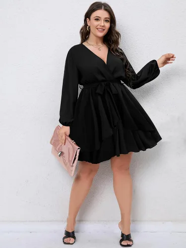 Vista 6 de SCOMCHIC Vestido corto de manga larga con cuello en V cruzado para mujer, talla grande