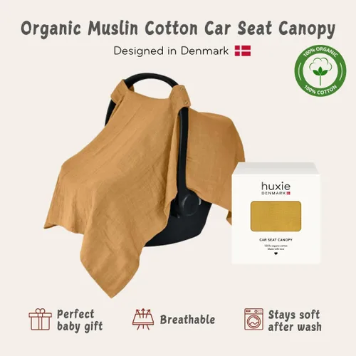 Vista 4 de Funda de asiento de coche para bebé, muselina de algodón orgánico, toldo para asiento de automóvil, 43 x 32 pulgadas (amarillo otoño)
