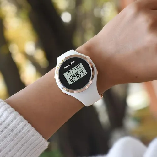 Vista 7 de Reloj de mujer impermeable con alarma, cronógrafo y fecha de día, reloj deportivo de moda blanco con correa de silicona, Blanco, Moderno