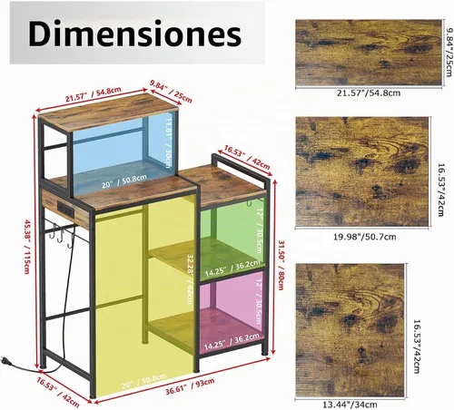 Vista 3 de Toutrop Mini gabinete de nevera con estantes de almacenamiento, soporte para microondas con 2 salidas AC/2 USB, gabinete de barra de café
